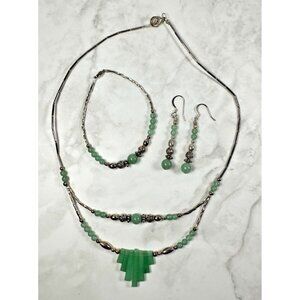 Jade Silver Tone / Some Sterling Matching Necklace Bracelet & Earrings - READ